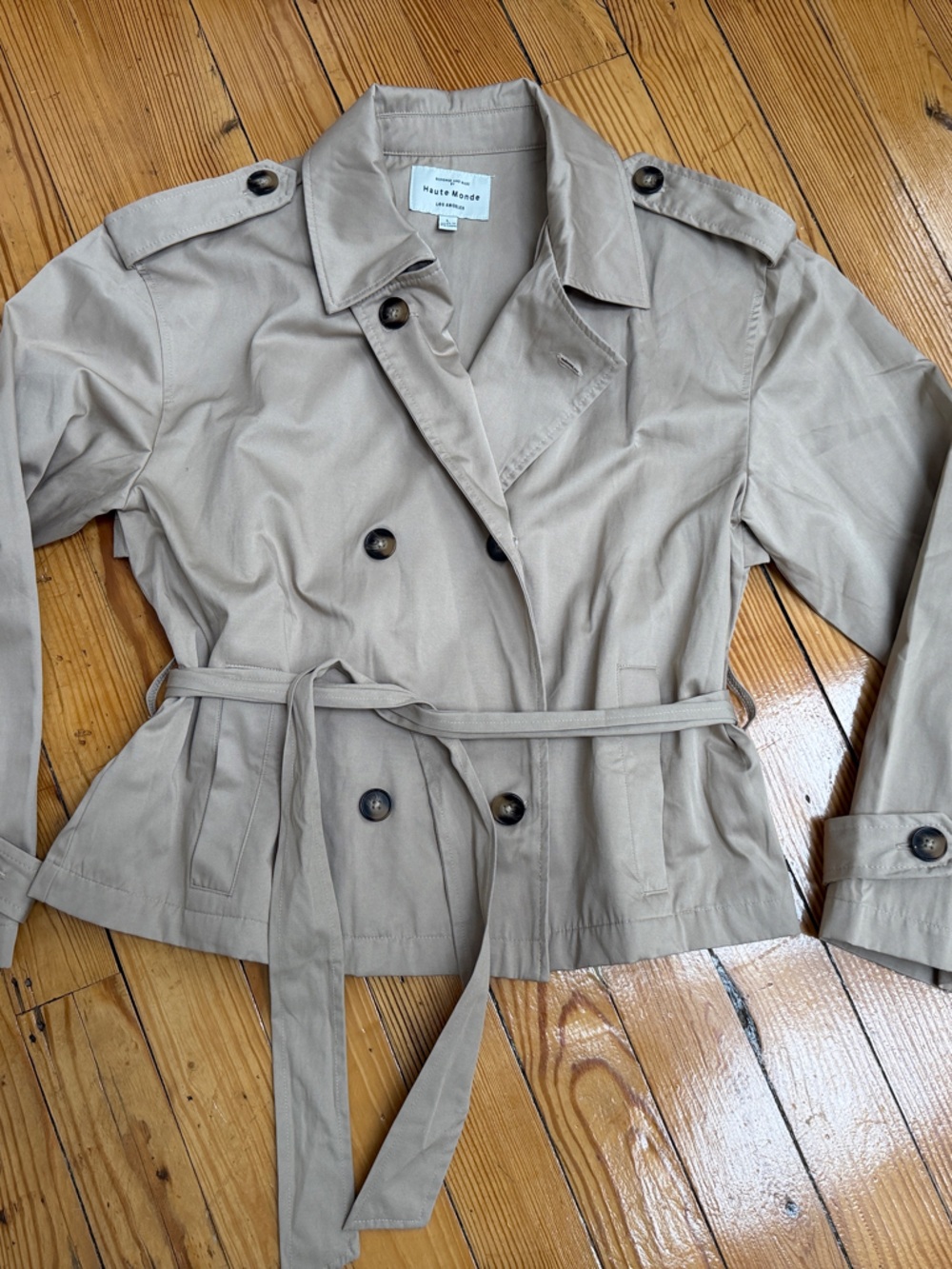 Haute Monde Light Khaki Cropped Belted Trench Coat
